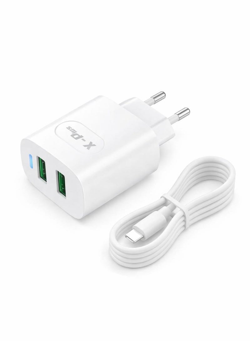شاحن منزل ذكي X-Plus بقدرة 3.4A  بمخارجين USB بتقنية Auto-ID وشحن سريع – مع وصلة كيبل تايب سى